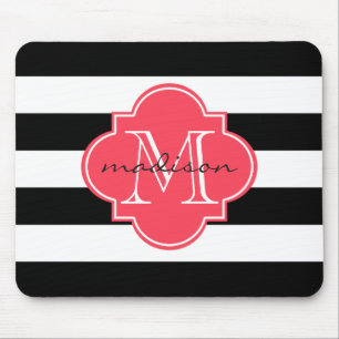 Zwarte en Rode Nautische Strepen Custom Monogram Muismat
