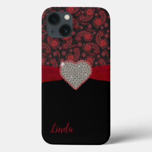 Zwarte en rode paisley met diamanthart iPhone 13 hoesje