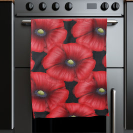 Zwarte en Rode Poppies Bloemenpatroon Keuken Handd Theedoek