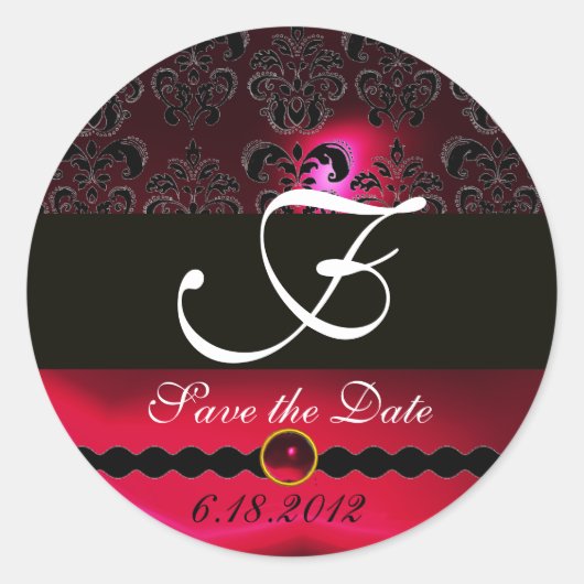 ZWARTE EN RODE RUBY DAMASK MONOGRAM, BOORGOED RONDE STICKER (Voorkant)