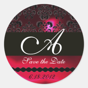 ZWARTE EN RODE RUBY DAMASK MONOGRAM, BOORGOED RONDE STICKER