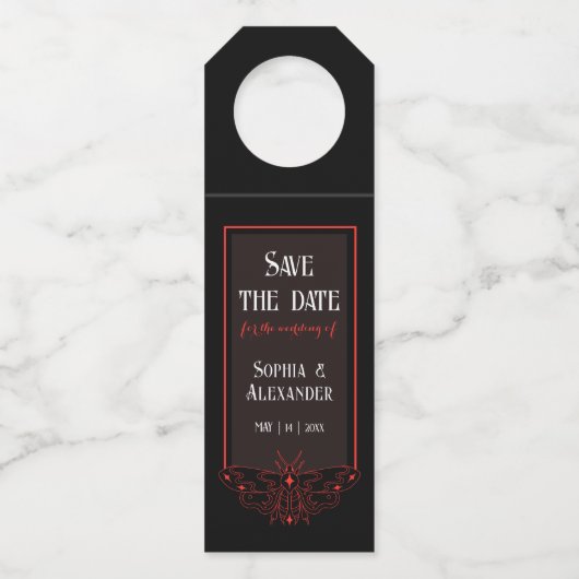 Zwarte en rode vlindergotiek Save The Date Flessenhanger (Voorkant)