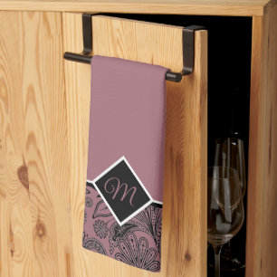 Zwarte en roos gouden paisley monogram keukendoek theedoek