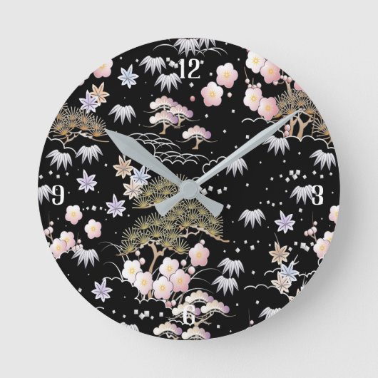 Zwarte en Roze Cherry Blossom Floral Modern Asian Ronde Klok (Voorkant)