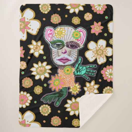 Zwarte en Roze Drollery Bloemen van Natalie Schort Sherpa Deken (Voorkant)