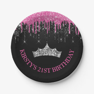 Zwarte en roze druipende glitters verjaardag papieren bordje