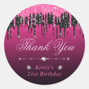 Zwarte en Roze druppelaar Glitter Birthday Ronde Sticker