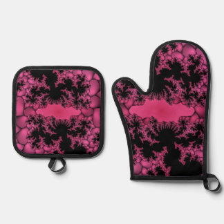 Zwarte en roze fractal ovenwant & pannenlap set