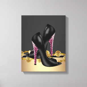 Zwarte en roze luipaard hoge hakken schoenen Bouti Canvas Afdruk