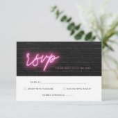 Zwarte en roze neon licht RSVP kaart (Staand voorkant)