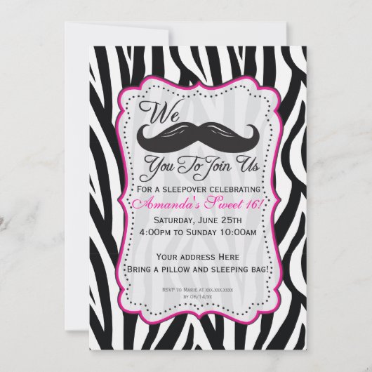 Zwarte en roze Zebra Mustache Sleepover Party Kaart (Voorkant)