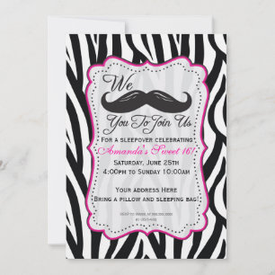 Zwarte en roze Zebra Mustache Sleepover Party Kaart