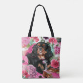Zwarte en tan Cavalier-canvas tas | Roze bloem (Achterkant)