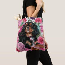 Zwarte en tan Cavalier-canvas tas | Roze bloem