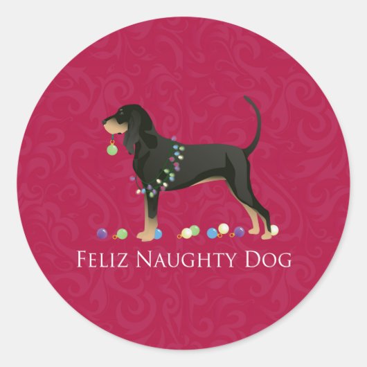 Zwarte en Tan Coonhound kerst Ronde Sticker (Voorkant)
