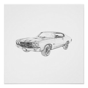 Zwarte en witte 1970 chevy chevelle Pencil Tekenin Perfect Poster