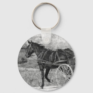 Zwarte en Witte Amish Paard Dravend Weg Sleutelhanger
