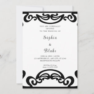 Zwarte en Witte Art Deco Huwelijksuitnodiging met Kaart