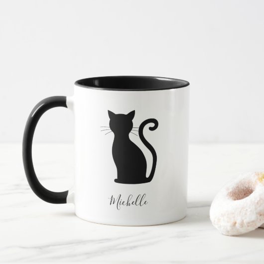Zwarte en witte benaming Cute Black Cat Mok (Met donut)