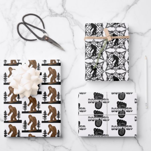 Zwarte en witte Bigfoot Sasquatch Birthday Inpakpapier Vel (Voorkant)