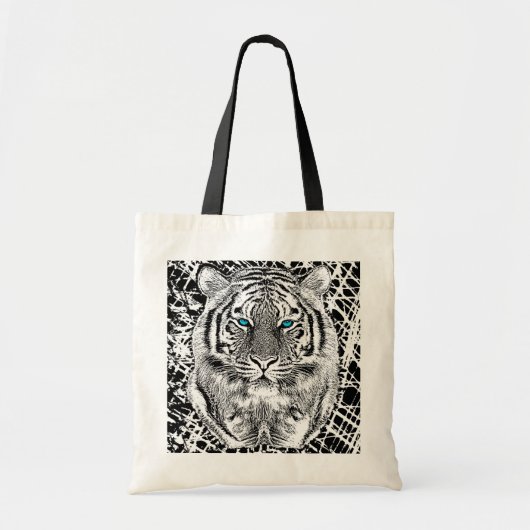 Zwarte en witte blauwe ogen wild tijgergezicht tote bag (Voorkant)