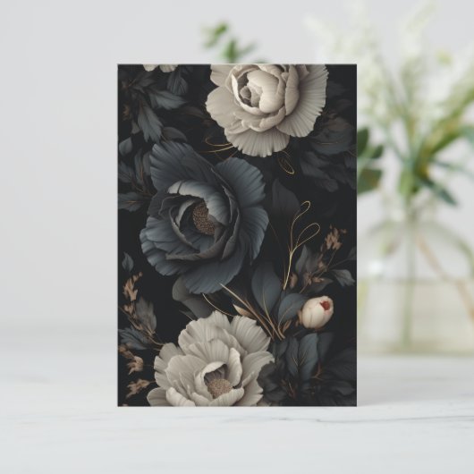 Zwarte en witte bloemen bedankkaart (Staand voorkant)