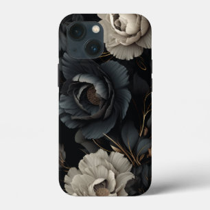 Zwarte en witte bloemen iPhone 13 mini hoesje