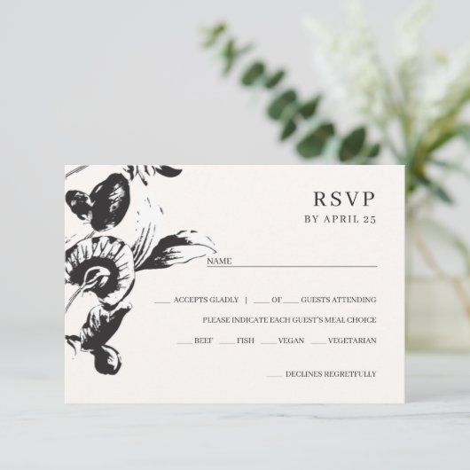 Zwarte en witte bloemen elegant botanische bruilof RSVP kaartje (Staand voorkant)