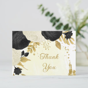 zwarte en witte bloemen gouden botanische bruiloft bedankkaart
