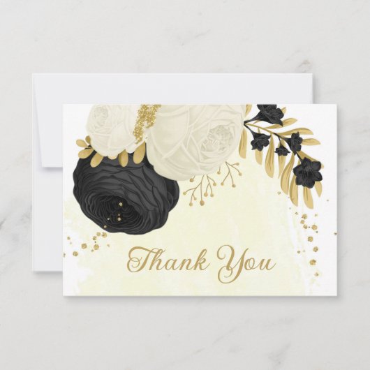 zwarte en witte bloemen gouden botanische bruiloft bedankkaart (Voorkant)
