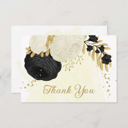 zwarte en witte bloemen gouden botanische bruiloft bedankkaart (Voorkant / Achterkant)