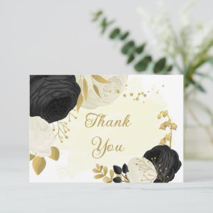 zwarte en witte bloemen gouden botanische bruiloft bedankkaart