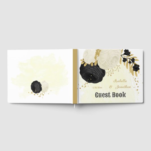 zwarte en witte bloemen gouden botanische bruiloft gastenboek (Volledig)