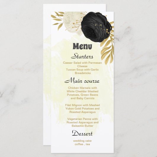 zwarte en witte bloemen gouden botanische bruiloft menu (Voorkant / Achterkant)