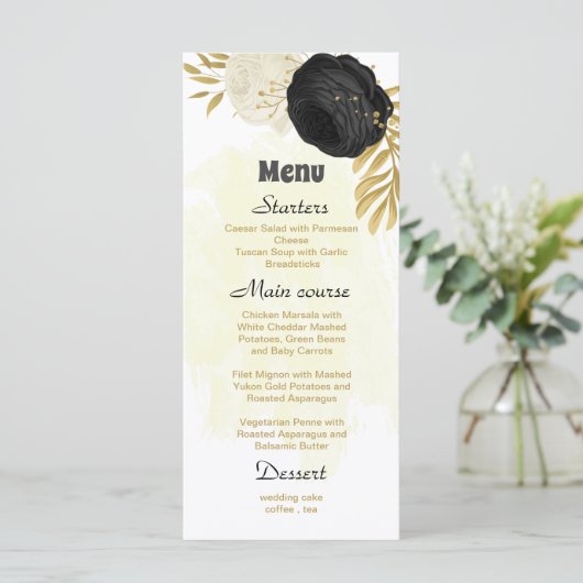 zwarte en witte bloemen gouden botanische bruiloft menu (Staand voorkant)