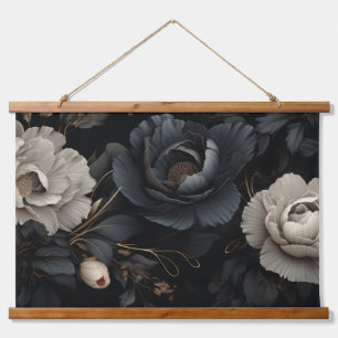 Zwarte en witte bloemen hangend wandkleed