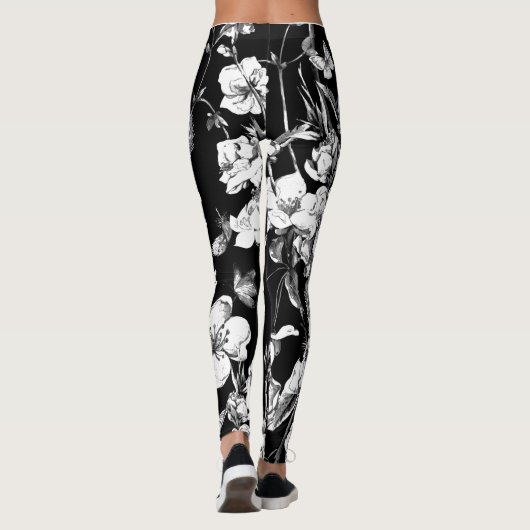 zwarte en witte bloemen leggings (Achterkant)