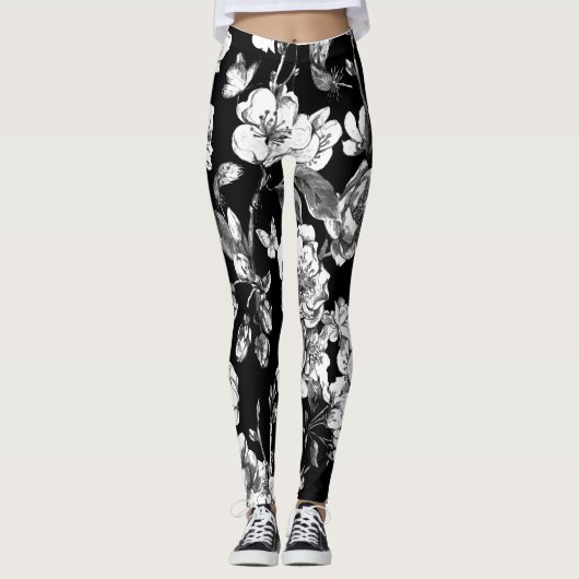 zwarte en witte bloemen leggings (Voorkant)