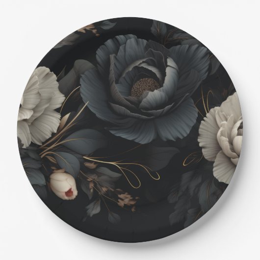 Zwarte en witte bloemen papieren bordje (Voorkant)