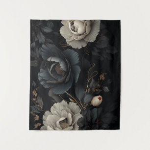 Zwarte en witte bloemen wandkleed