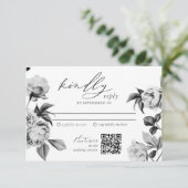 Zwarte en Witte Bloemige Trouw RSVP Informatiekaartje (Staand voorkant)