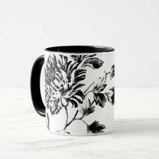 Zwarte en witte  botanische Floral Toile Mok