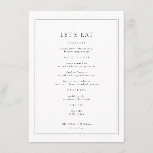 Zwarte en witte bruiloft menu (Voorkant)