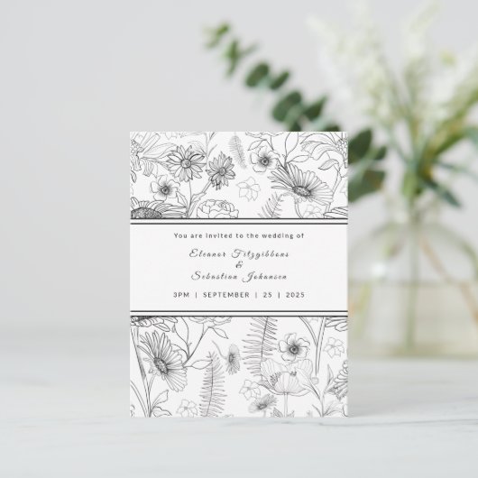 Zwarte en witte bruinbloem bruiloft briefkaart (Staand voorkant)