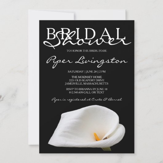Zwarte en witte Calla Lily Bridal Shower-uitnodigi Kaart (Voorkant)