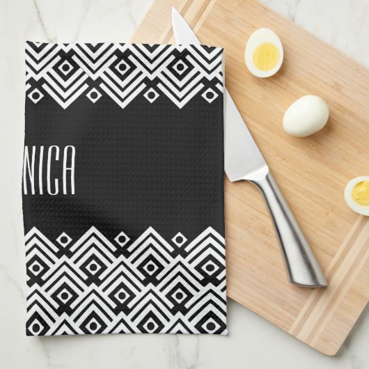 Zwarte en witte chevron-damask (aangepaste naam) theedoek (Quarter Fold)