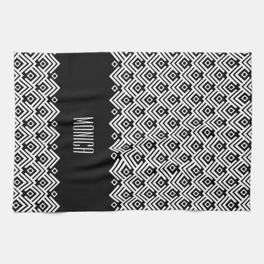 Zwarte en witte chevron-damask (aangepaste naam) theedoek (Horizontaal)