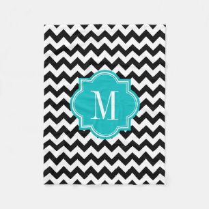 Zwarte en witte Chevron met Blauwgroen monogram Fleece Deken