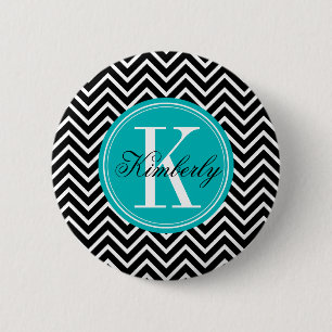 Zwarte en witte Chevron met Blauwgroen monogram Ronde Button 5,7 Cm