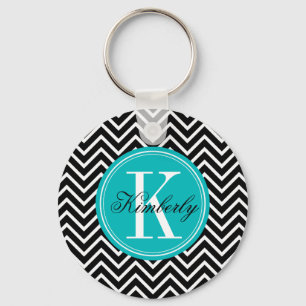 Zwarte en witte Chevron met Blauwgroen monogram Sleutelhanger